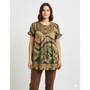 Babydoll embroidered earthy tone Top size large beads ,lace, puff sleeves ,Boho